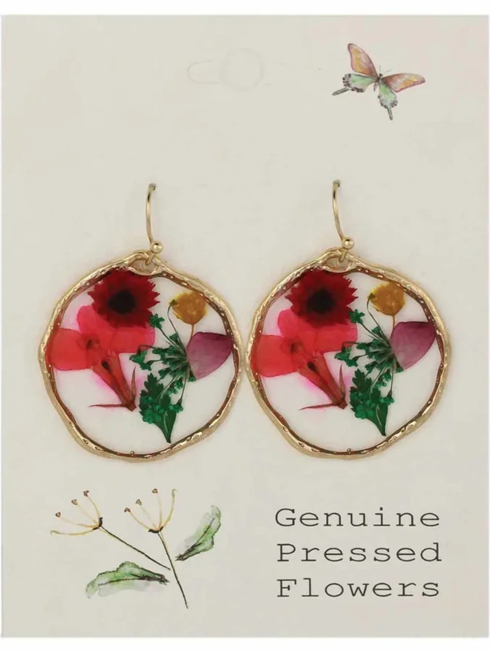Genuine Pressed Flower Gold-Trim Dangle Earrings - Pink Purple Circle Handmade